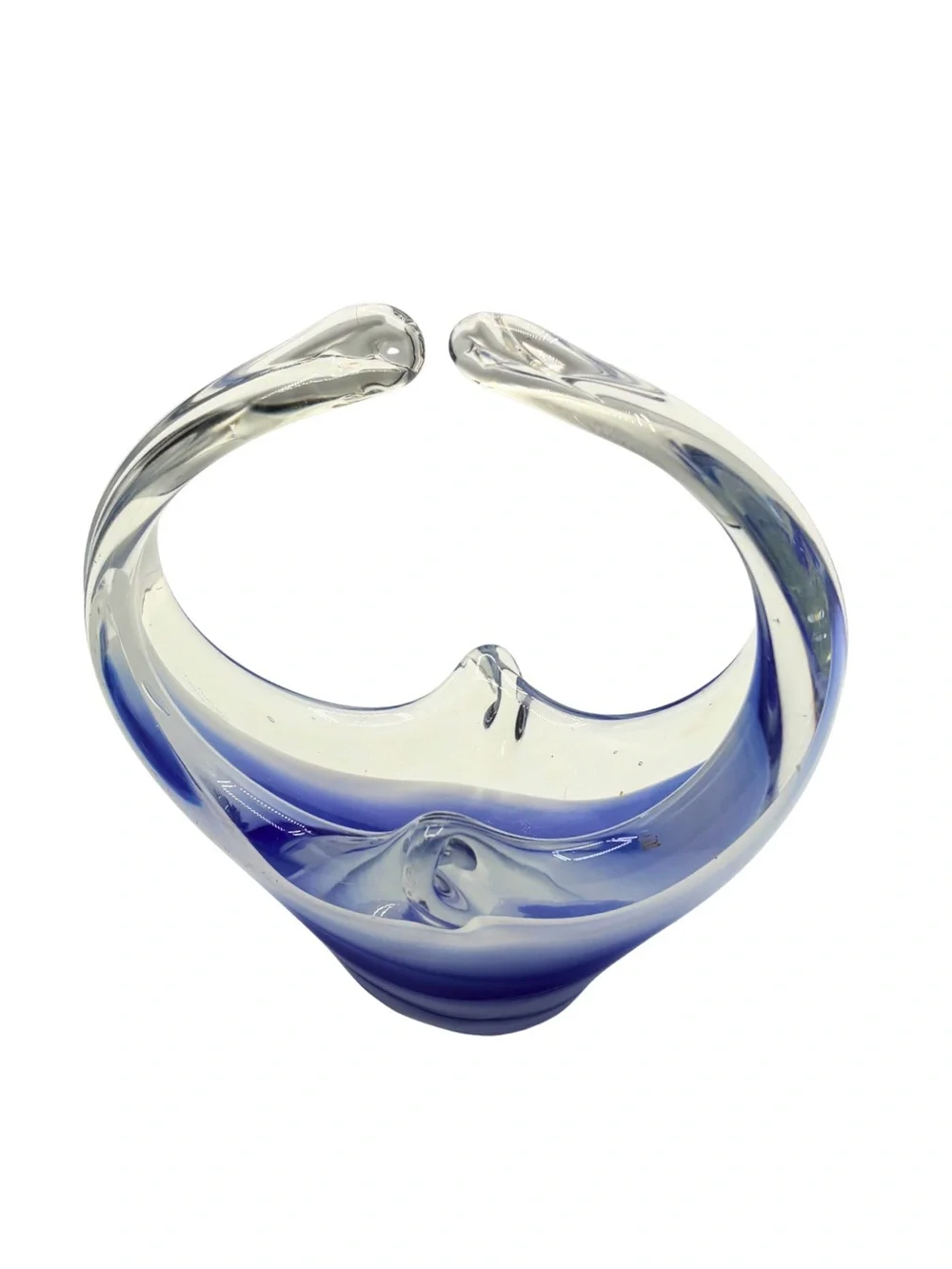 Murano Style Blue Clear Freeform Art Glass Basket Bowl Sculpture 5.5”